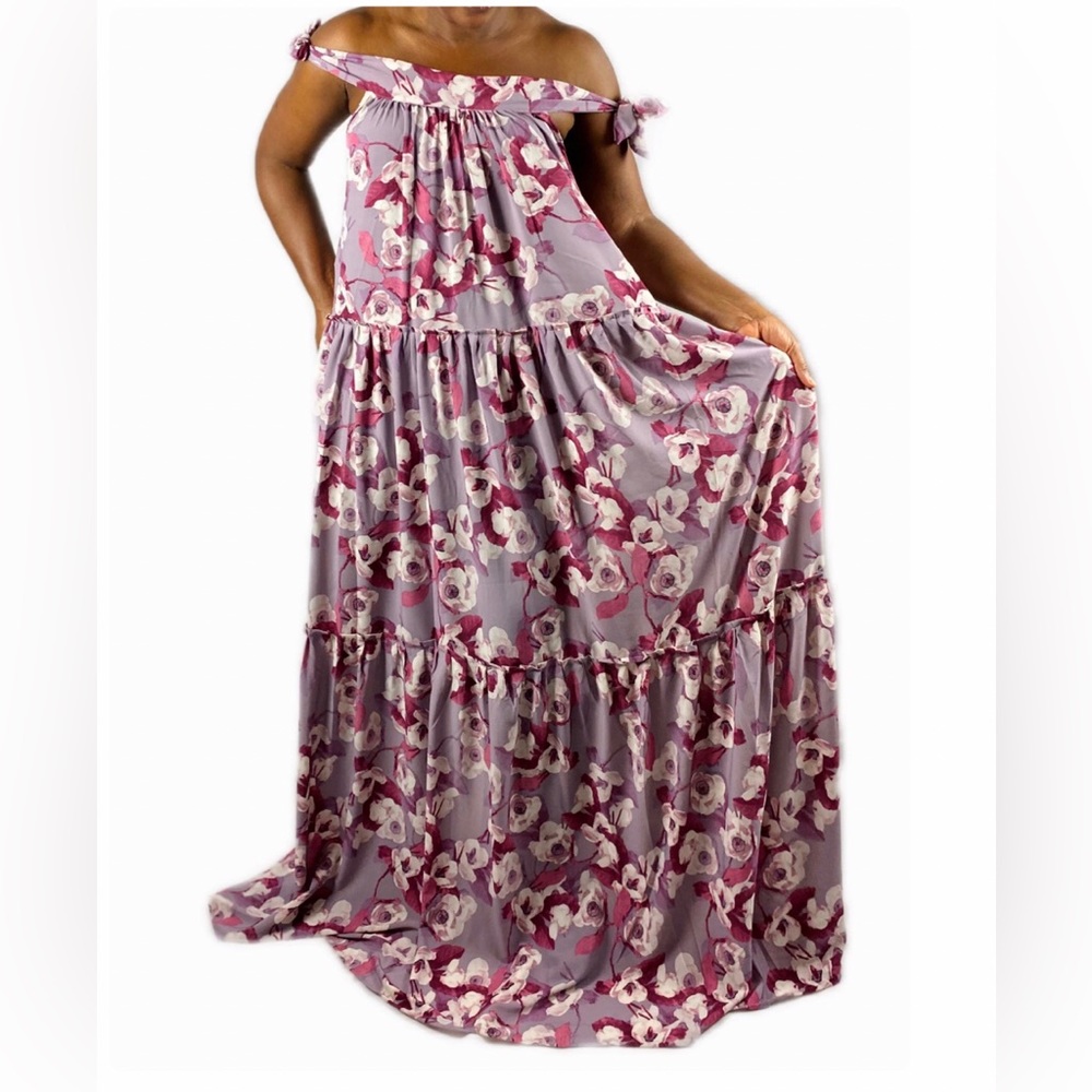 Purple Floral Print Multicolor Layered Maxi Dress